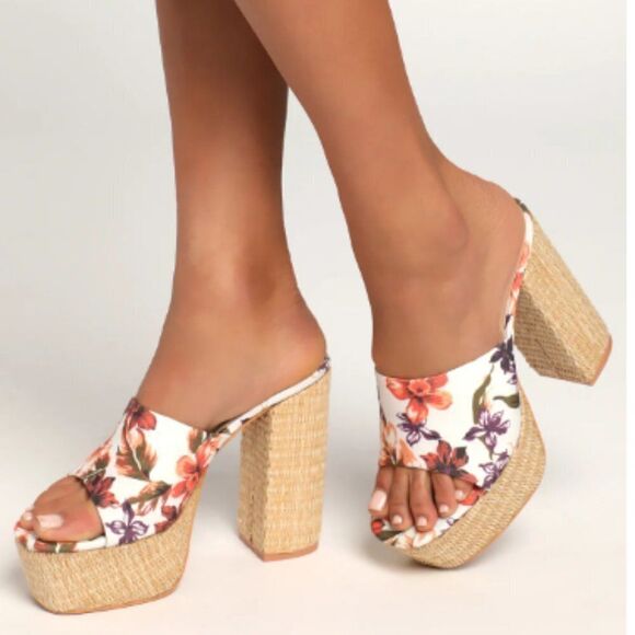 Lulus Women's Floral Print Raffia Platform Block Heeled Sandals Size 8.5 $68 - Picture 2 of 3